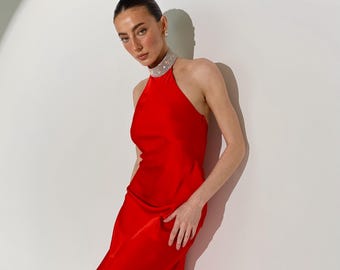 red satin halter dress Rinna Maxi / Pink Cherry | MESHKI this long silk dress flows like liquid fire Luxury Red Silk Satin Halter