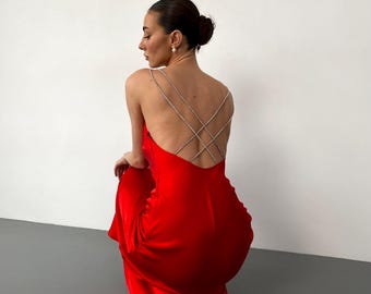 Vintage Elie Tahari Red 100% Silk Bias Cut Ruffled Rosette Gown - Etsy Vintage Elie Tahari Red 100% Silk Bias Cut Ruffled Rosette Gown - Etsy