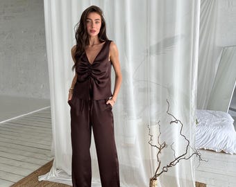 Silk Satin Set: Adjustable Tie Top and Elastic Waist Trousers