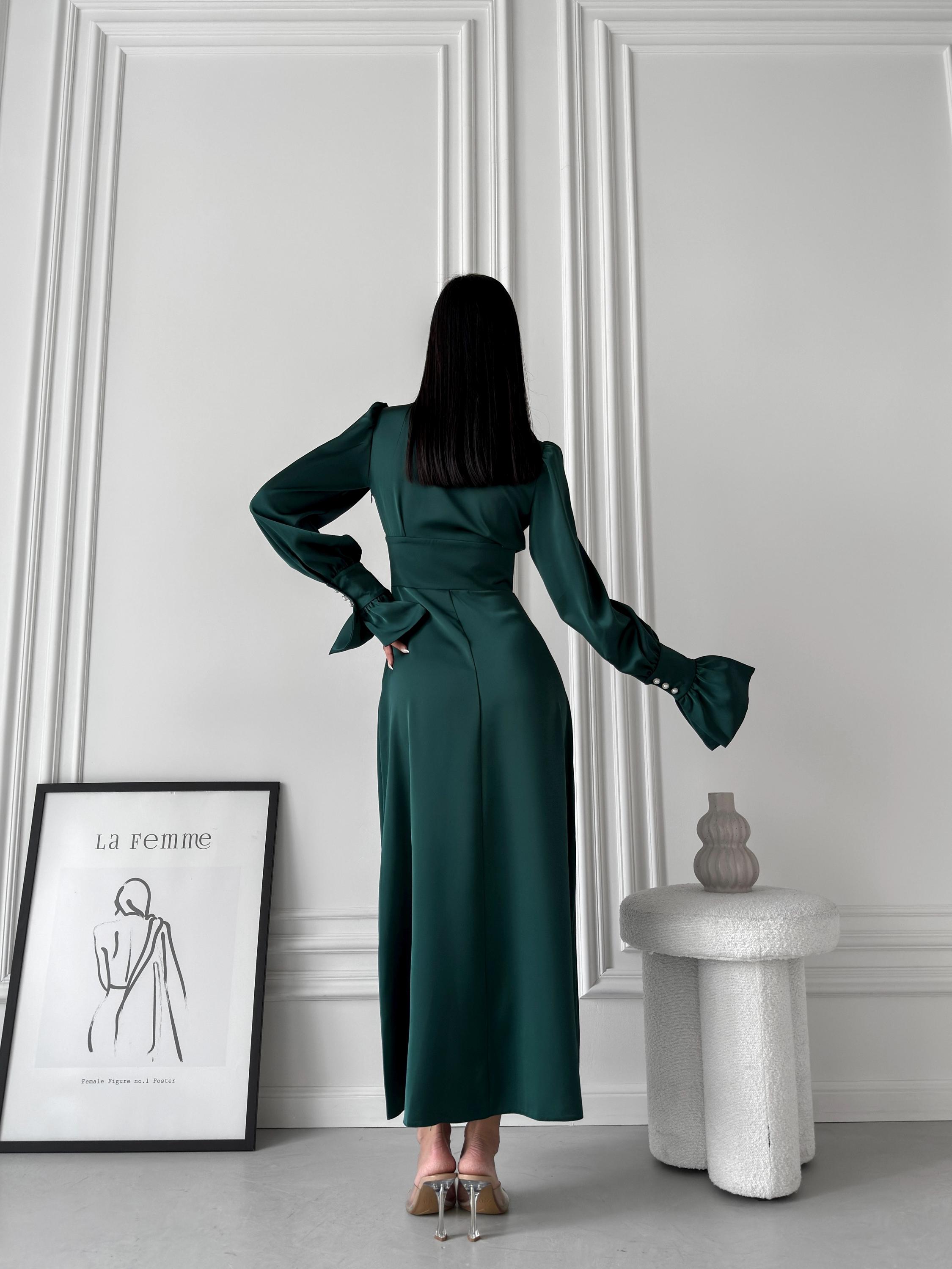 Emerald Green Satin Maxi Dress, Premium Italian Silk Satin Gown, Elegant Long Sleeve V-neck Dress, Formal Evening Gown, Women's Satin Dress