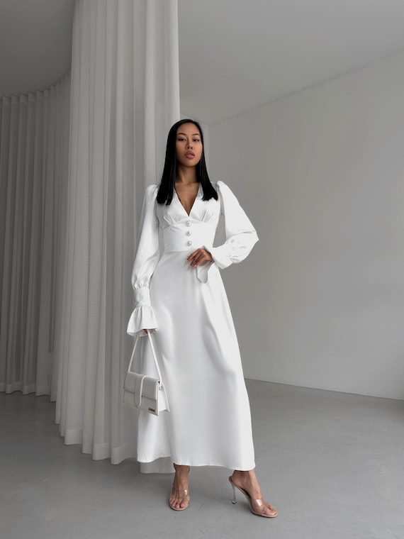 Elegant White Satin Midi Dress with Pearl Buttons Elegant White Satin Midi Dress with Pearl Buttons