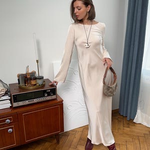 silk cream dress long sleeve Silk Nights Long Sleeve Satin Mini Dress  Mermaid Way Ivory / M