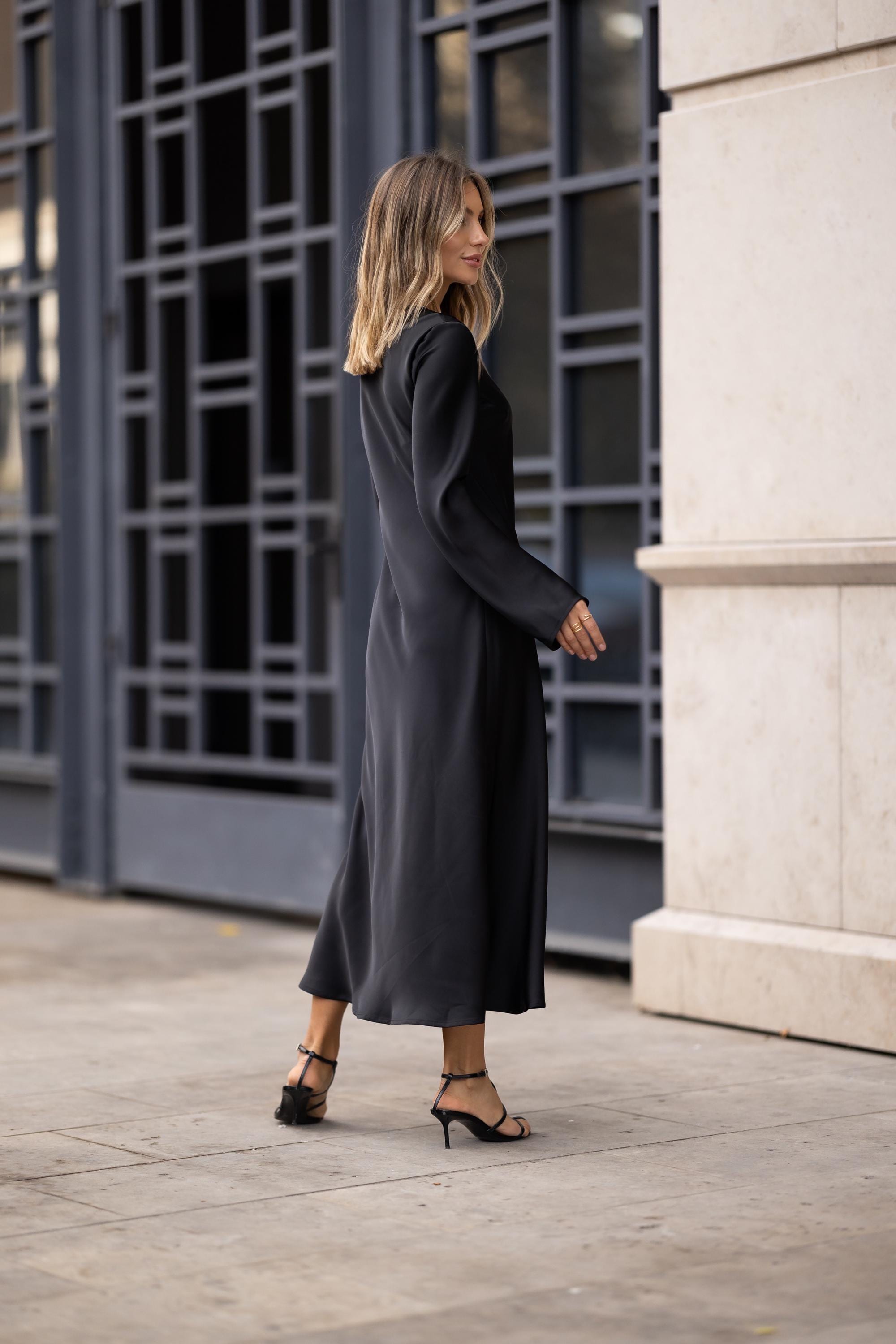 Casual Ladies Long Black Dress Black Satin Maxi Dress Elegant Italian Silk Gown, Long Sleeve Finland Casual Ladies Long Black Dress Black Satin Maxi Dress Elegant Italian Silk Gown, Long Sleeve Finland