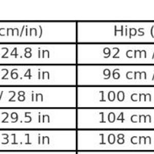 May include: Size chart showing bust, waist, and hip measurements in inches and centimeters, along with corresponding international sizes from XS to XL.