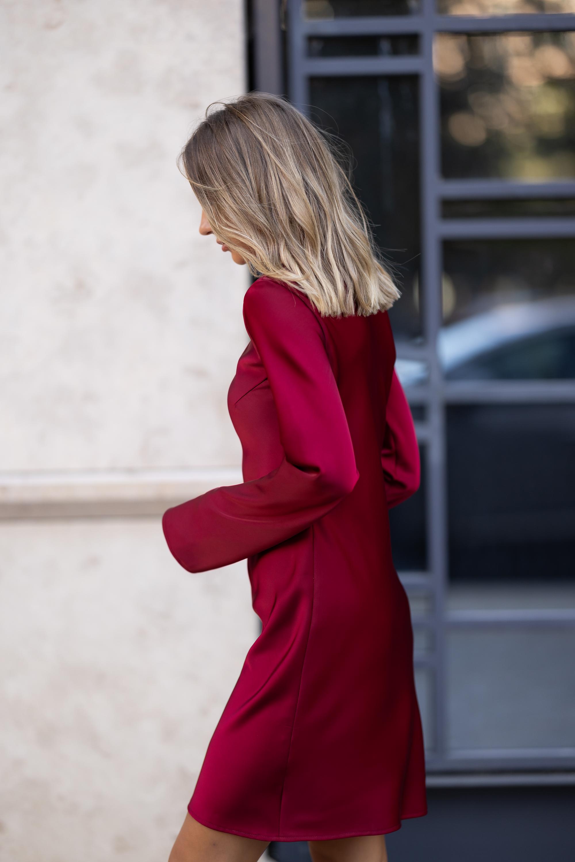 Classic Burgundy Italian Silk Satin Dress with Long Sleeves - Available in Sizes Xs to XXXL