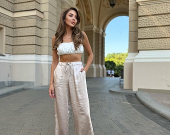 Silk Satin Wide Leg Pants for Women – High Waisted Lounge Pants with Elastic Waist and Drawstring – Comfortable Elegant Trousers