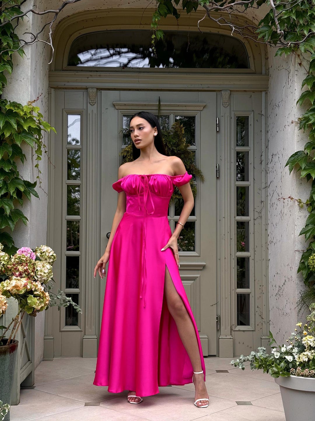 hot pink formal dress Premium Italian Silk Satin With Adjustable Chest Fit Option:50/CS | Size : 4