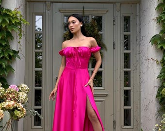 green emerald velvet dress Hot Pink Ruffle Maxi Dress main image 1
