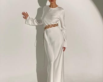 white satin cutout dress Sleeveless White Satin Maxi Dress With Cutout