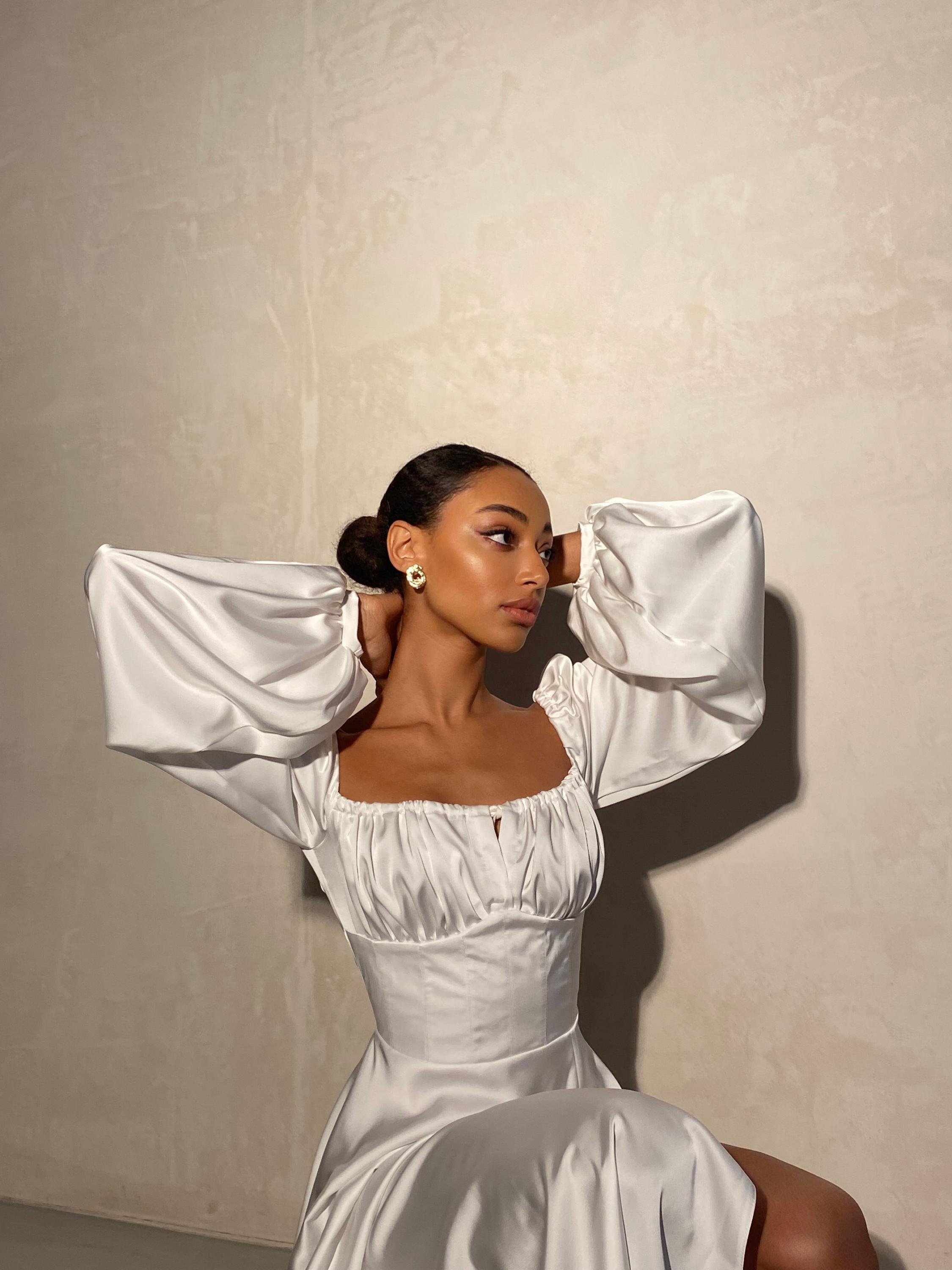 white silk off shoulder dress White Off Shoulder Satin Corset Slit Gown by Ladivine 7492W