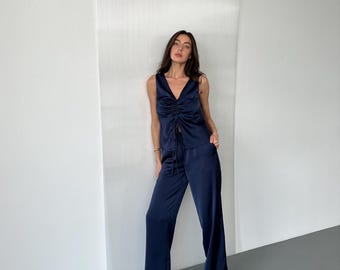Navy Blue Set with Adjustable Tie Top and Wide-Leg Trousers in Premium Dense Italian Silk Satin