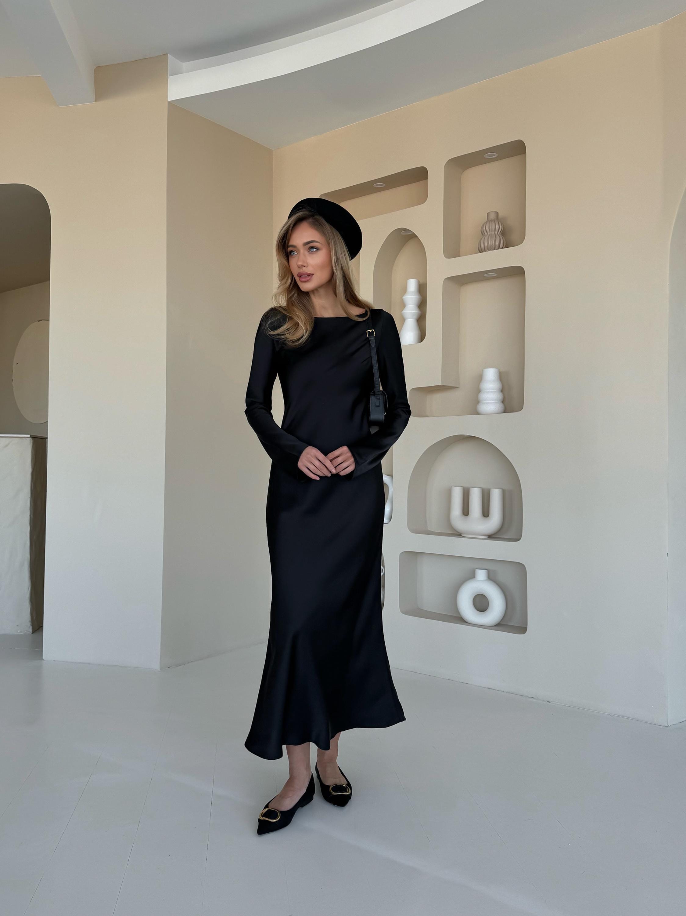 black italian dresses Elegant Maxi Dress | Silky Satin | Long Sleeves | Round Neckline Lace