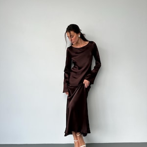 Brown Long Sleeve Satin Dress - Etsy