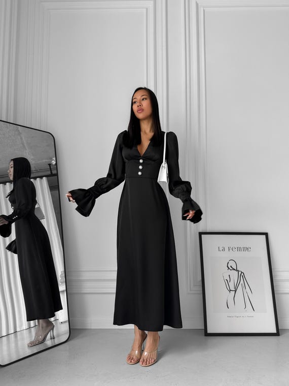 elegant black pearl dress PEARL BLACK MAXI DRESS IN BLACK BLOOM | CULT MIA