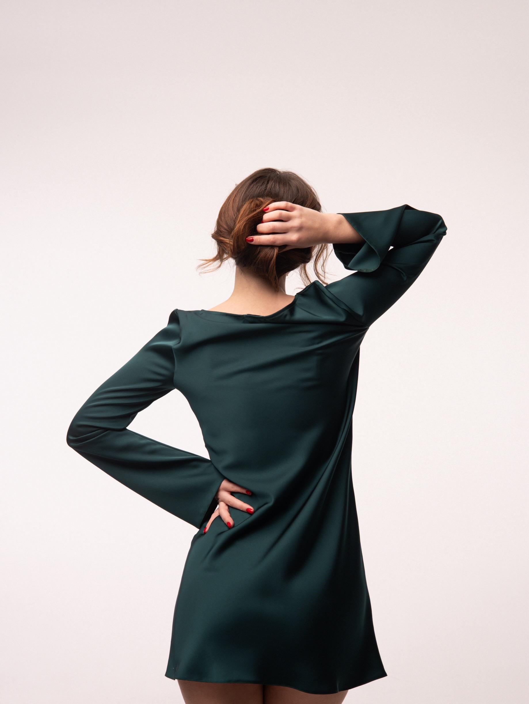 emerald green satin mini dress Satin Ruched Dress in Emerald Green