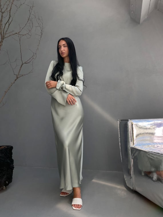 Mint Green Silk Satin Maxi Dress | Elegant Long Sleeve Slip Dress | Minimalist Formal Gown | Custom Size Option