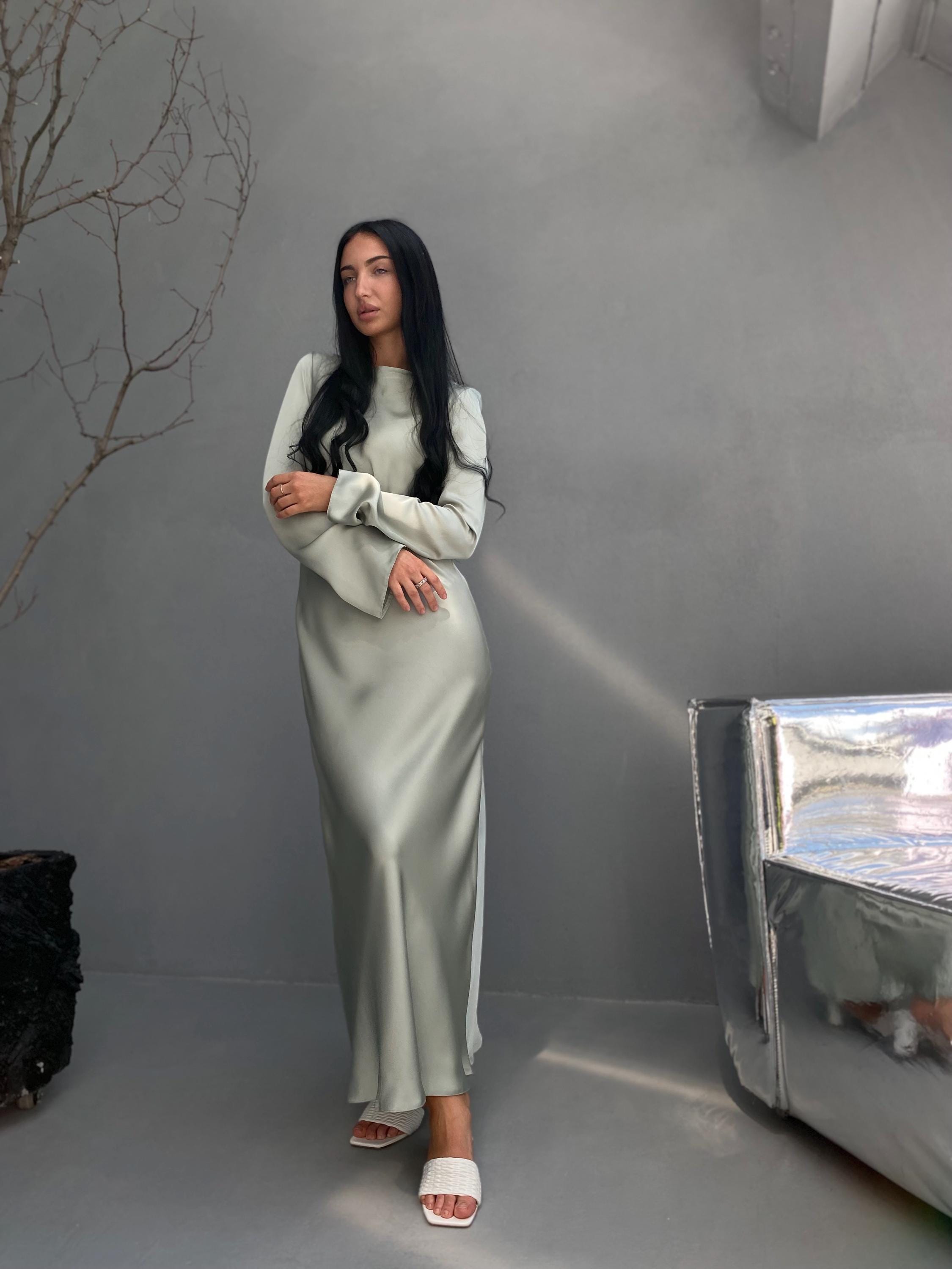Mint Green Silk Satin Maxi Dress | Elegant Long Sleeve Slip Dress | Minimalist Formal Gown | Custom Size Option