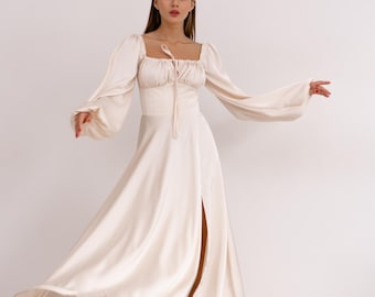 Ivory Maxi Dress in Premium Dense Italian Silk Satin with Corset Fit and Slit