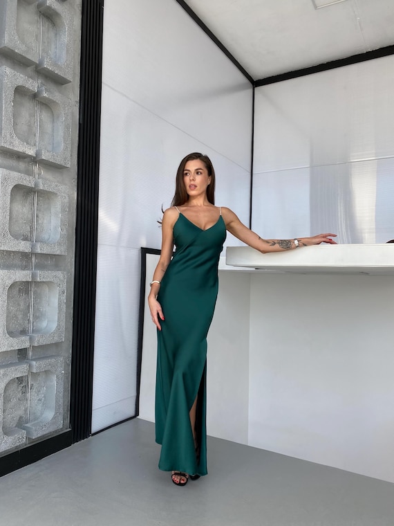 Emerald Satin Slip Dress With Side Slit & Rhinestone Back | Italian Silky  Satin Maxi Evening Dress