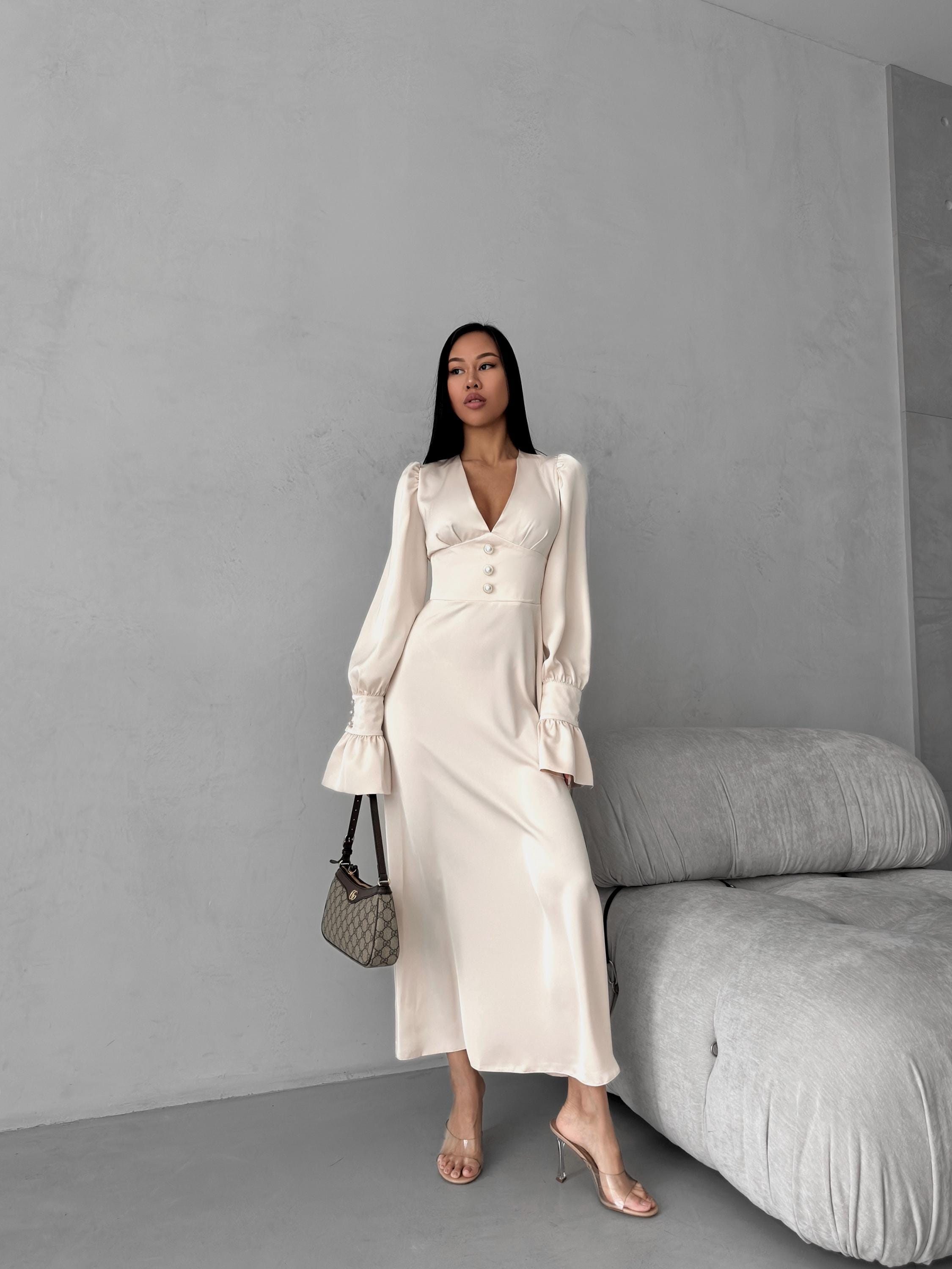 Ivory Round Neck A Line Midi Rehearsal Dinner Dress with Sleeves main image 1