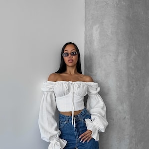 White Muslin Puff Sleeve Top - Custom Fit, Boho Chic Crop Top, Long Sleeve Blouse, Women’s Cottagecore Top