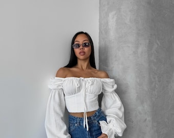 White Muslin Puff Sleeve Top - Custom Fit, Boho Chic Crop Top, Long Sleeve Blouse, Women’s Cottagecore Top