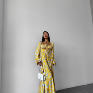 Floral Maxi Dress with Voluminous Sleeves in Yellow Silk Satin