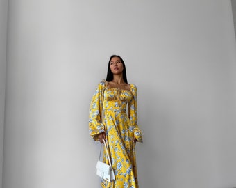 Floral Maxi Dress with Voluminous Sleeves in Yellow Silk Satin Floral Maxi Dress with Voluminous Sleeves in Yellow Silk Satin