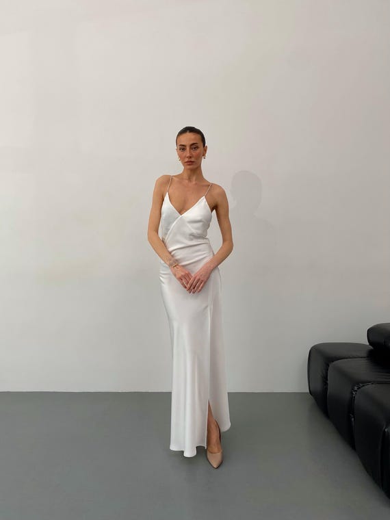 White Satin Maxi Dress with Slit - Crystal Straps & Open Back - Custom Fit Elegant Formal Dress