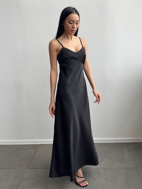 Elegant Black Satin Maxi Dress with Adjustable Straps - Formal Evening Gown - Slip Dress - Wedding Guest Dress - Custom Size Available Elegant Black Satin Maxi Dress with Adjustable Straps - Formal Evening Gown - Slip Dress - Wedding Guest Dress - Custom Size Available