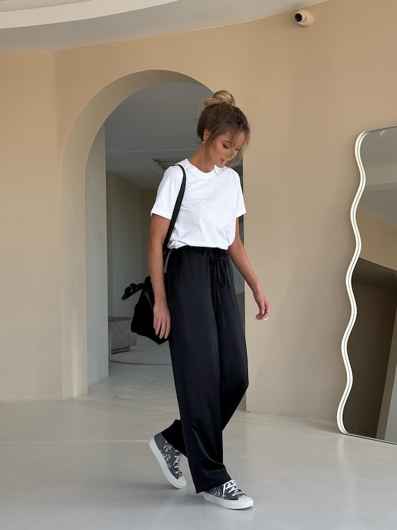 Pantalon large en satin de soie noir – Pantalon palazzo taille