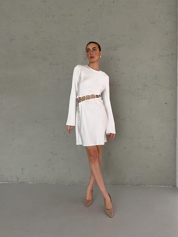flowy white mini dress with sleeves Desert Rose Bell Sleeve Mini Dress White