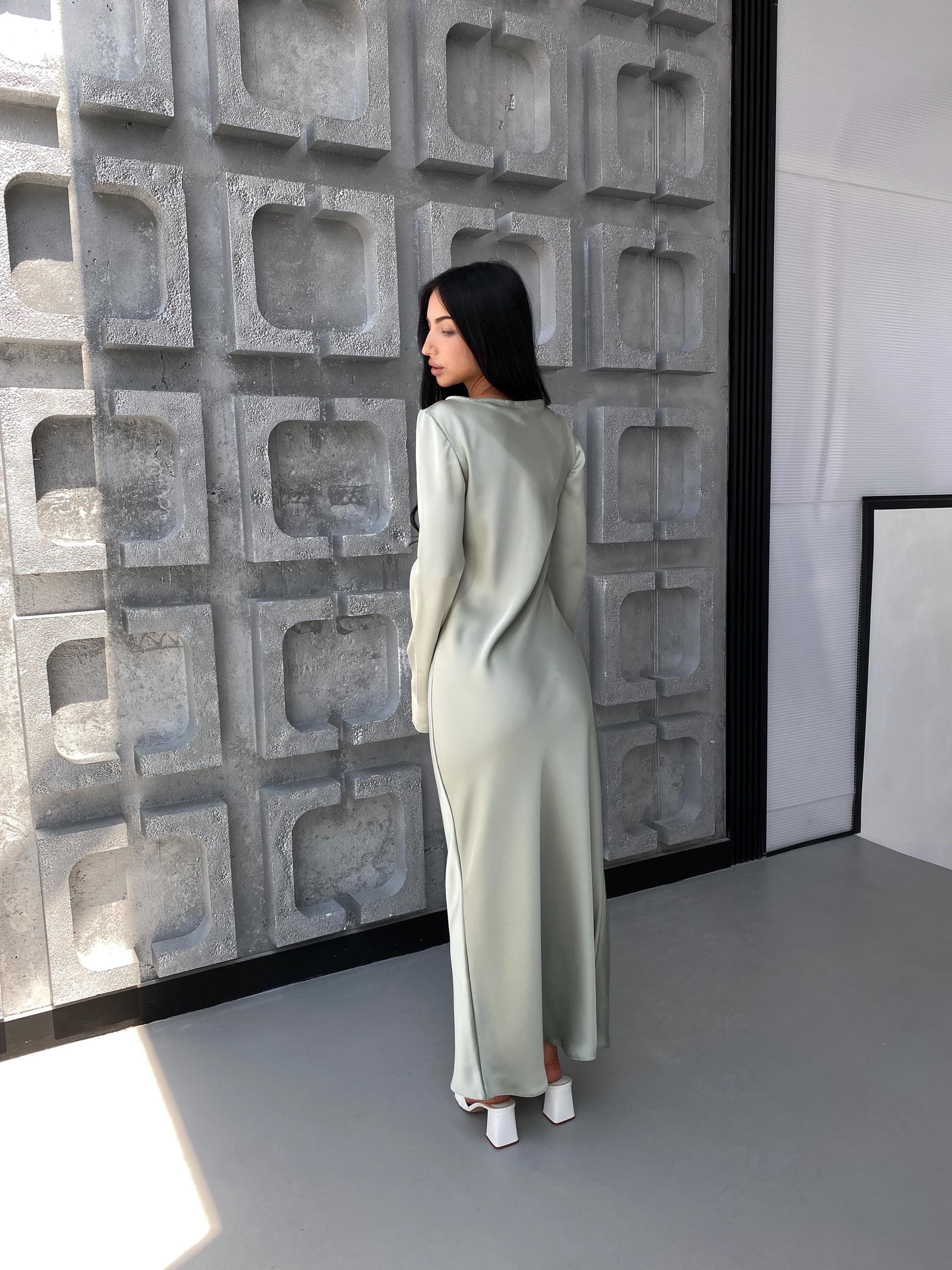 Mint Green Silk Satin Maxi Dress | Elegant Long Sleeve Slip Dress | Minimalist Formal Gown | Custom Size Option Mint Green Silk Satin Maxi Dress | Elegant Long Sleeve Slip Dress | Minimalist Formal Gown | Custom Size Option