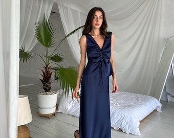 Elegant Navy Blue Italian Silk Satin Top and Skirt Set
