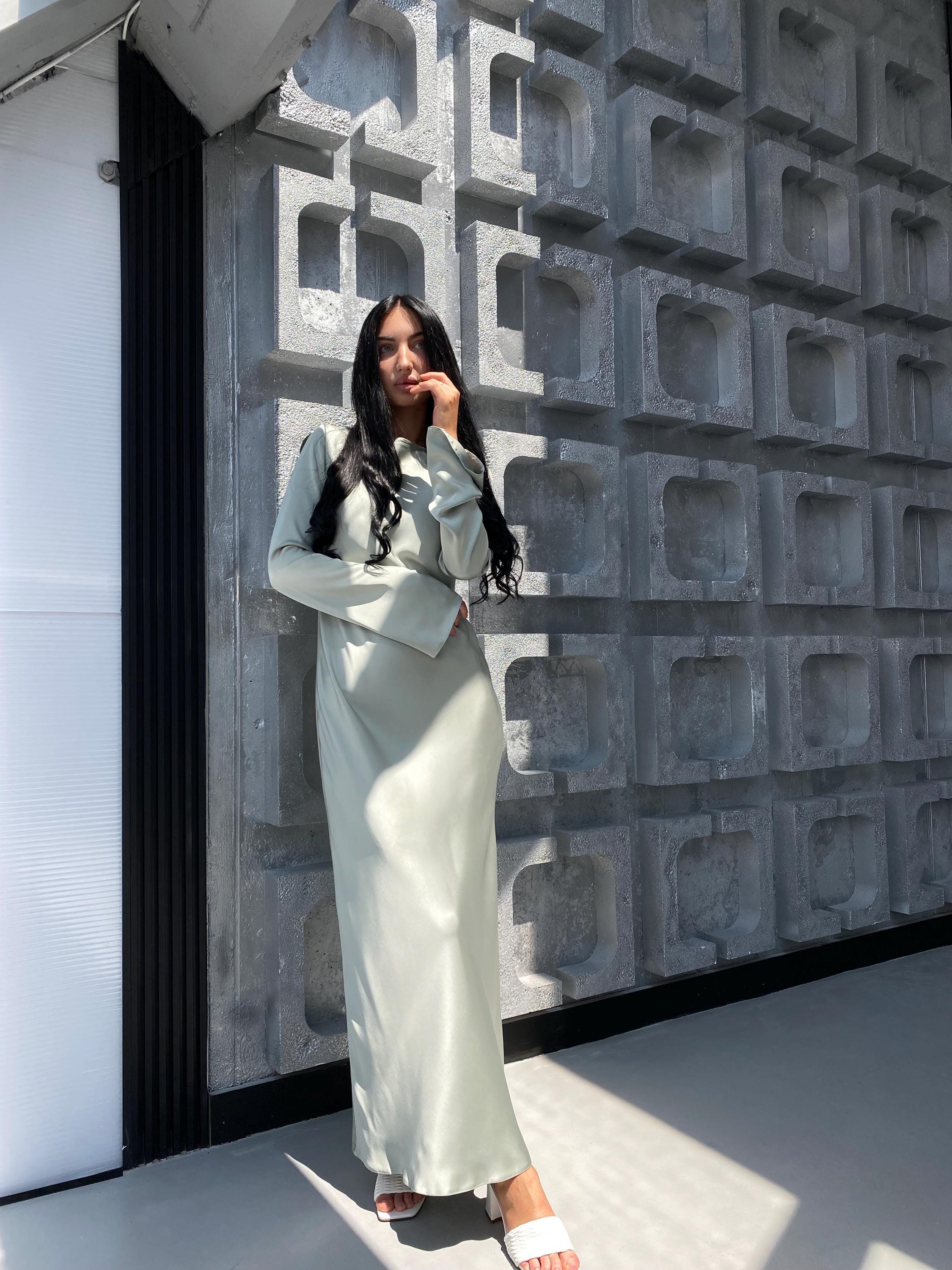 Mint Green Silk Satin Maxi Dress | Elegant Long Sleeve Slip Dress | Minimalist Formal Gown | Custom Size Option