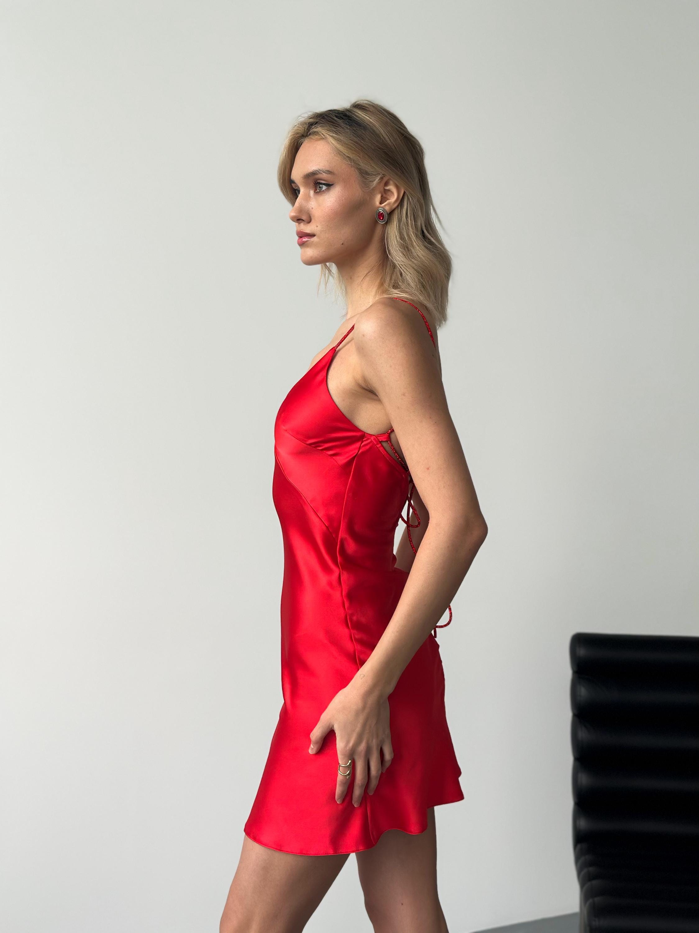 Red Satin Mini Dress - Backless Crystal Strap Dress - Custom Made Cocktail or Party Dress