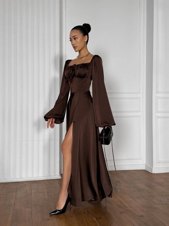 chinese dress ladies Chocolate Long Sleeve Boatneck Maxi Dress Medium main image 1
