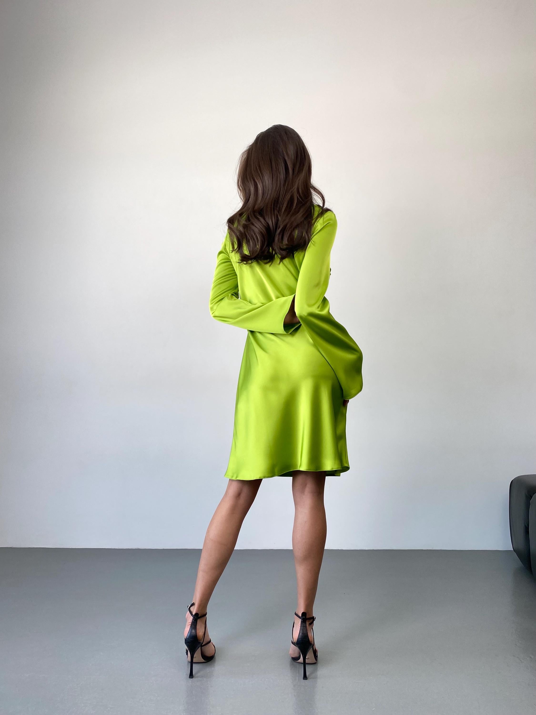 apple green satin dress Hand Dyed Green Apple Silk Dress Eveliina Vintage