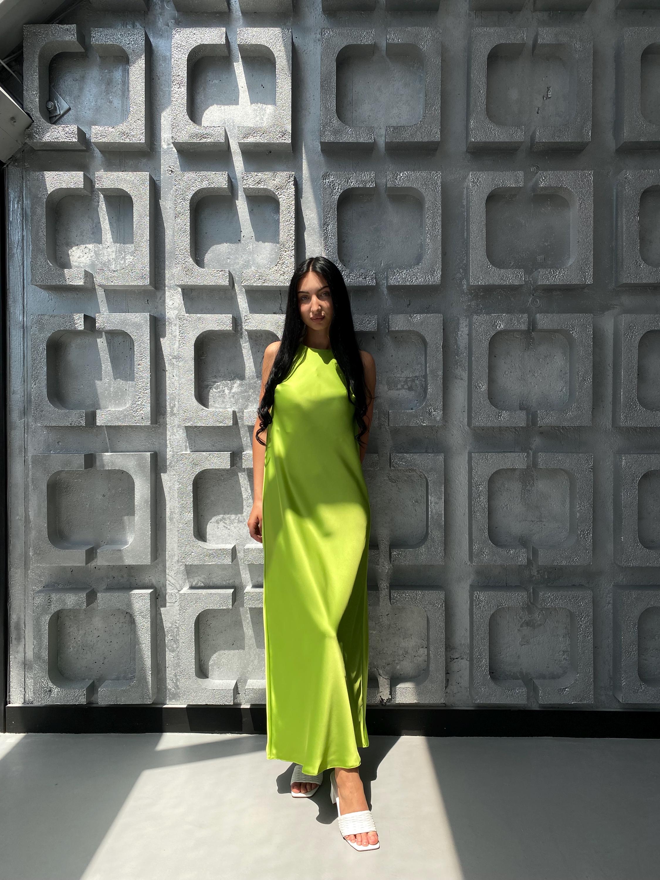 apple green satin dress Apple Green Silk Satin Maxi Dress - Sleeveless Elegant Wedding Guest Gown - Minimalist Long Summer Dress