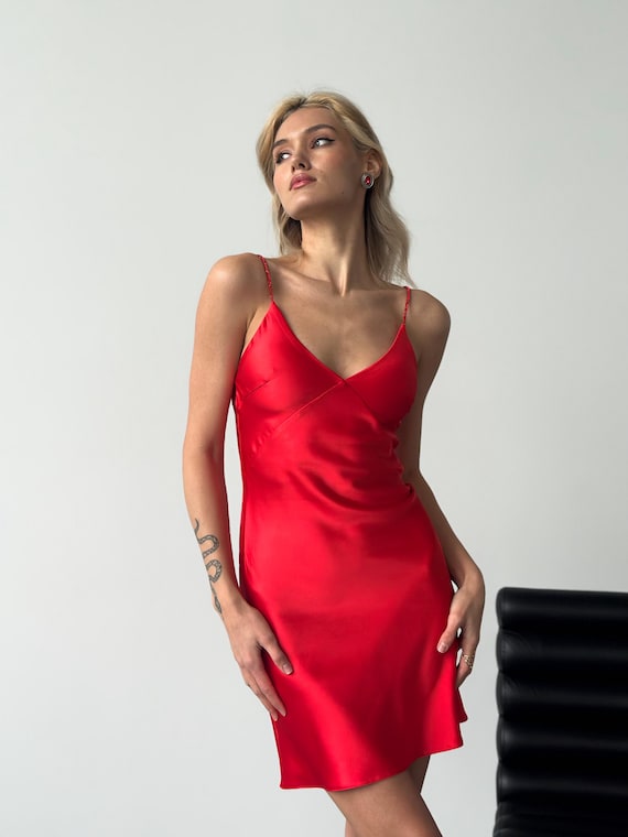 Red Satin Mini Dress - Backless Crystal Strap Dress
