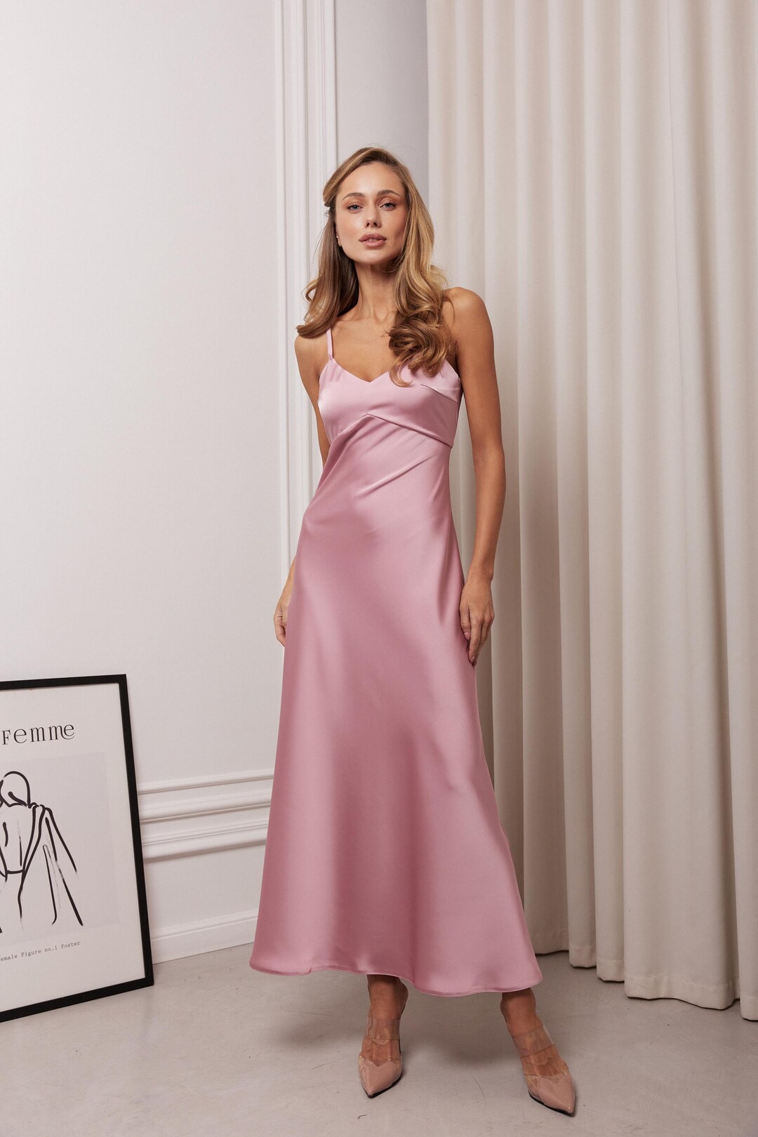 Elegant Strapless Hot Pink Satin Layered Long Evening Dress Formal Wedding Guest Dress