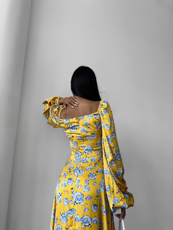 Floral Maxi Dress with Voluminous Sleeves in Yellow Silk Satin Floral Maxi Dress with Voluminous Sleeves in Yellow Silk Satin