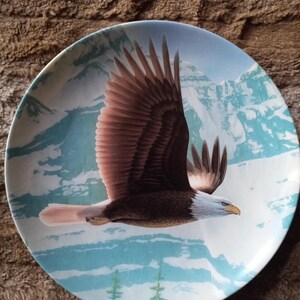 May include: A decorative ceramic plate featuring a detailed painting of a bald eagle in flight against a backdrop of snow-capped mountains and a blue sky. The eagle's wings are spread wide, and its talons are extended. The plate has a light blue background with white clouds and a green forest in the foreground.