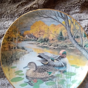 May include: A decorative ceramic plate featuring a painting of two green-winged teal ducks swimming in a pond with lily pads. The background shows a small cottage and autumn trees. The plate is trimmed in gold and has the word "JERNER" printed on the bottom.