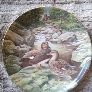 May include: A decorative ceramic plate featuring a painting of two ducks on a rocky riverbank. The plate has a green, brown, and blue color scheme and a gold rim. The artist's signature "Jenner" is visible in the lower left corner.