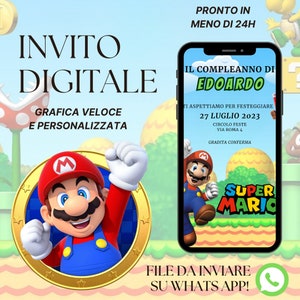 Invito digitale elettronico festa di compleanno tema SUPER MARIO