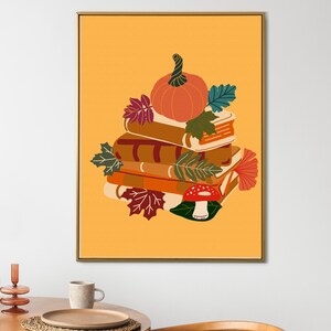 Vintage herfstboekenposter, herfstmuurdecoratie, gezellige stapel boeken (transparante PNG).