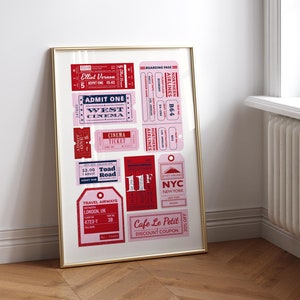 Modne bilety Wydrukuj kupon retro Kino Teatr Samolot Czerwony Różowy bilet Preppy Pastelowy plakat Bar Wózek Wystrój Estetyczny Vintage Wall Art