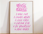 House Rules Poster, Pink Rules Digital Print, Rules Art Print, Retro Wall Art, Bar Cart Art, Typography Print, Positive Affirmations Print