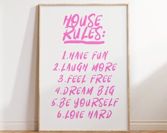 Huisregels Poster, Roze Regels Digitale Print, Regels Art Print, Retro Wall Art, Bar Cart Art, Typografie Print, Positieve Affirmaties Print
